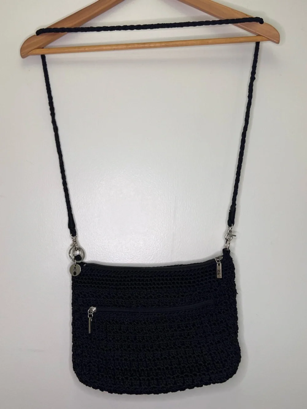 The Sak Black Crochet Shoulder Bag Boho Knit Purse Zip Pocket